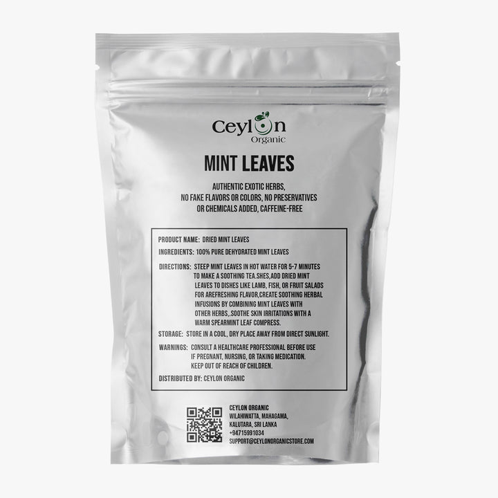 Ceylon Organic mint leaves packaging with text on a white background