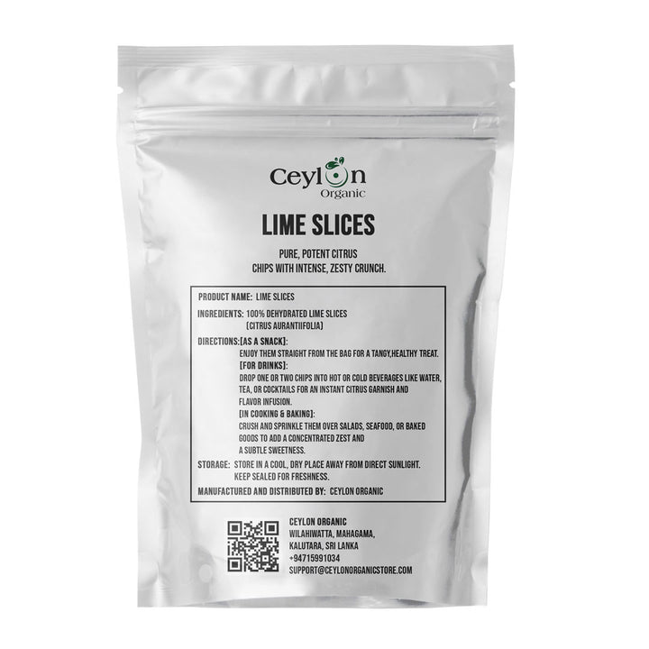 Ceylon Organic dried lime slices packaging on a white background,dried lime chips, dehydrated lime slices, dried limes, lime fruit chips,edible lime garnish,lime chips for drinks,dried limes for cocktails, healthy citrus snack, dehydrated fruit for tea,all-natural lime garnish, no sugar added dried fruit, vegan citrus snack, guilt-free cocktail garnish.