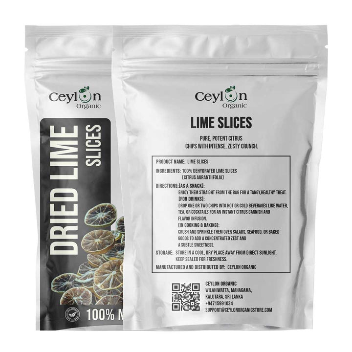 Ceylon Organic dried lime slices packaging on a white background,dried lime chips, dehydrated lime slices, dried limes, lime fruit chips,edible lime garnish,lime chips for drinks,dried limes for cocktails, healthy citrus snack, dehydrated fruit for tea,all-natural lime garnish, no sugar added dried fruit, vegan citrus snack, guilt-free cocktail garnish.