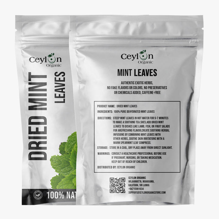 Two packages of Ceylon Organic Dried Mint Leaves on a white background