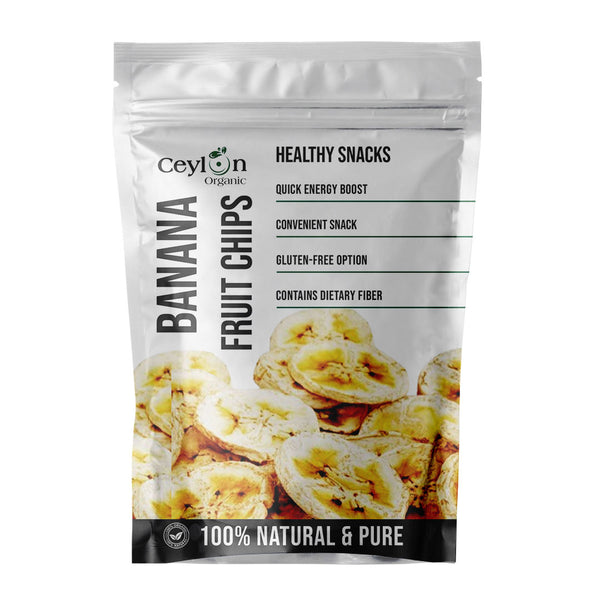 Golden banana fruit chips – crunchy, sweet, and perfect for healthy snacking,Sun-dried banana chips in eco-friendly packaging – perfect for lunchboxes or travel snacks.