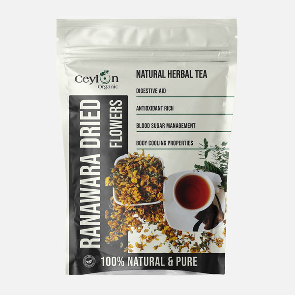 Dried Ranawara flowers tea. Traditional Sri Lankan herbal tea for blood sugar and skin health.
