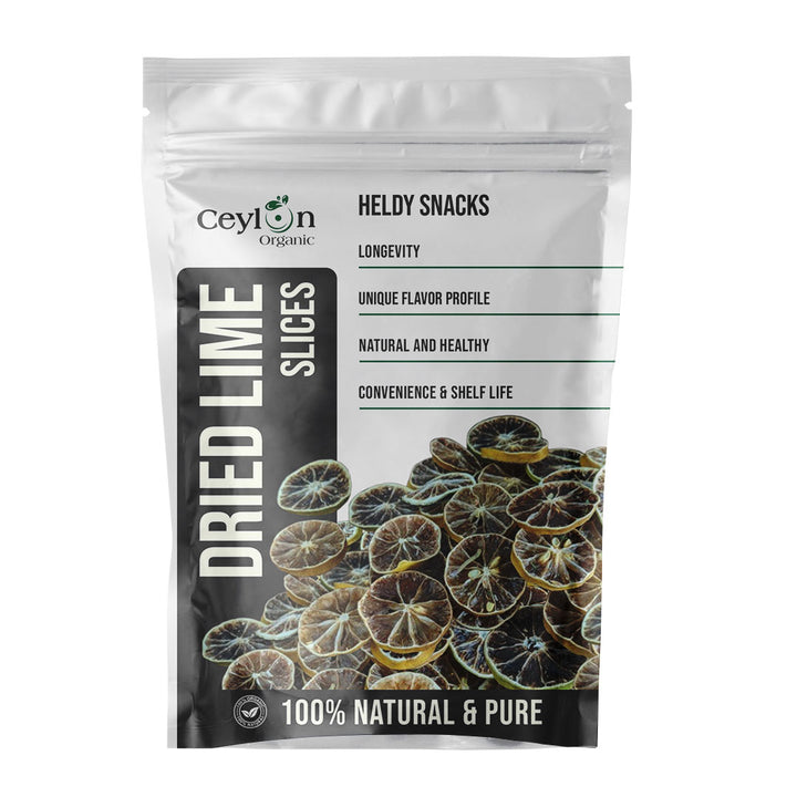 Ceylon Organic dried lime slices packaging on a white background,dried lime chips, dehydrated lime slices, dried limes, lime fruit chips,edible lime garnish,lime chips for drinks,dried limes for cocktails, healthy citrus snack, dehydrated fruit for tea,all-natural lime garnish, no sugar added dried fruit, vegan citrus snack, guilt-free cocktail garnish.
