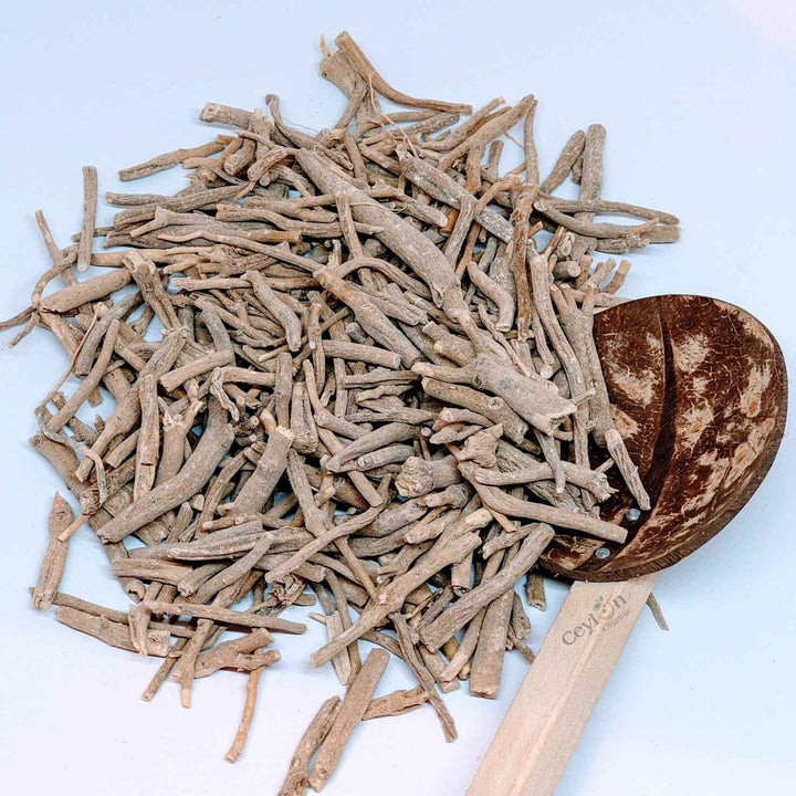 Close-up of ashwagandha root slices, showcasing its wrinkled texture and earthy color.