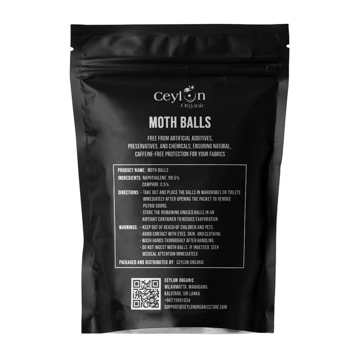 Back of a bag of 'Ceylon Organic' mothballs. Text on the bag describes the product as organic moth balls with no artificial additives, preservatives, or chemicals, for natural caffeine-free moth protection.