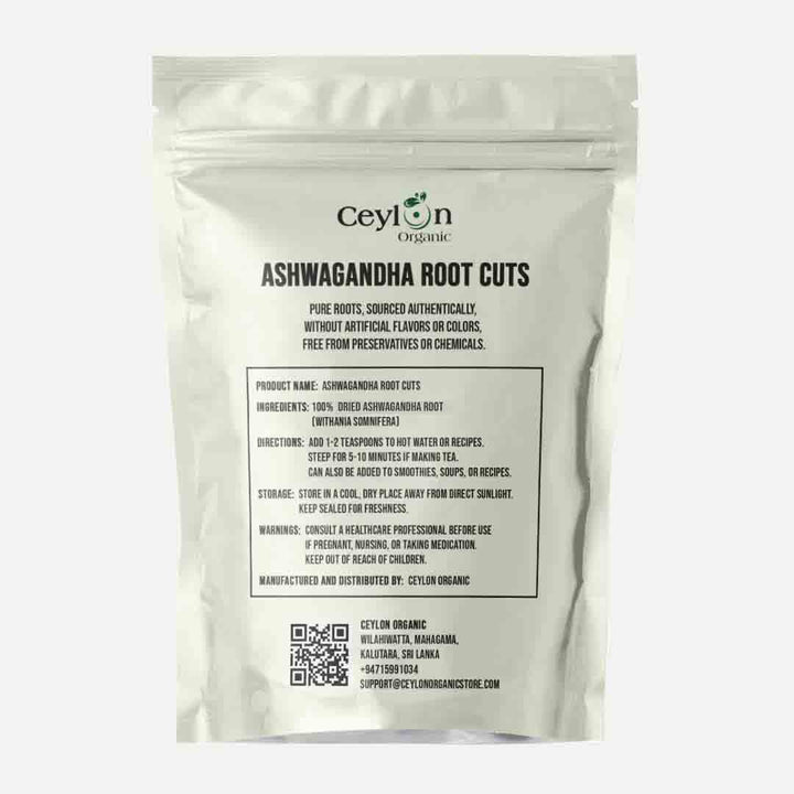 Ceylon Organic Ashwagandha Root Cuts packaging with text and QR code on a white background