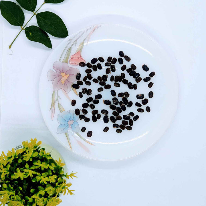 Close-up of butterfly pea seeds neatly displayed on a floral-designed plate, ideal for planting or research.