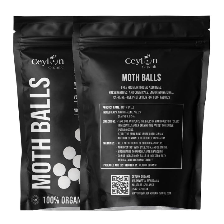 Two bags of 'Ceylon Organic' moth balls side-by-side. The bags are labeled as 100% organic moth balls and describe the product as free from artificial additives, preservatives, and chemicals.