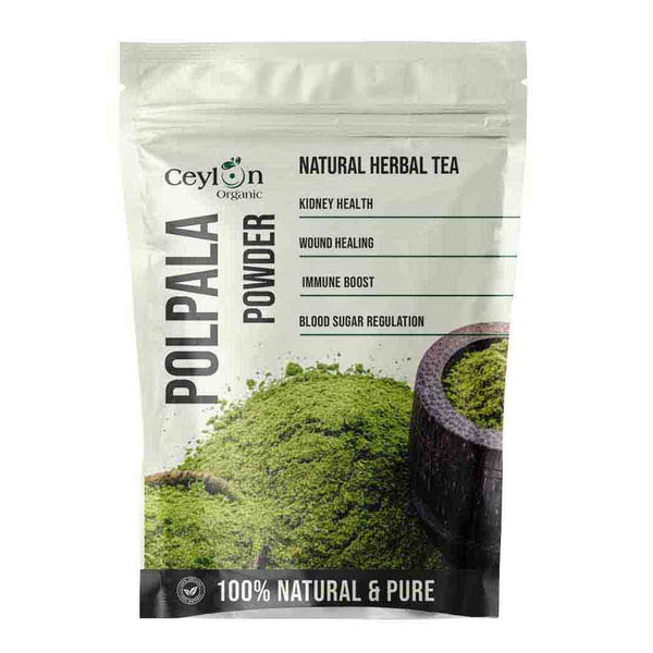 dried Polpala Powder packaging with green powder and a bowl on a white background