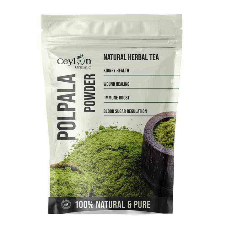 dried Polpala Powder packaging with green powder and a bowl on a white background