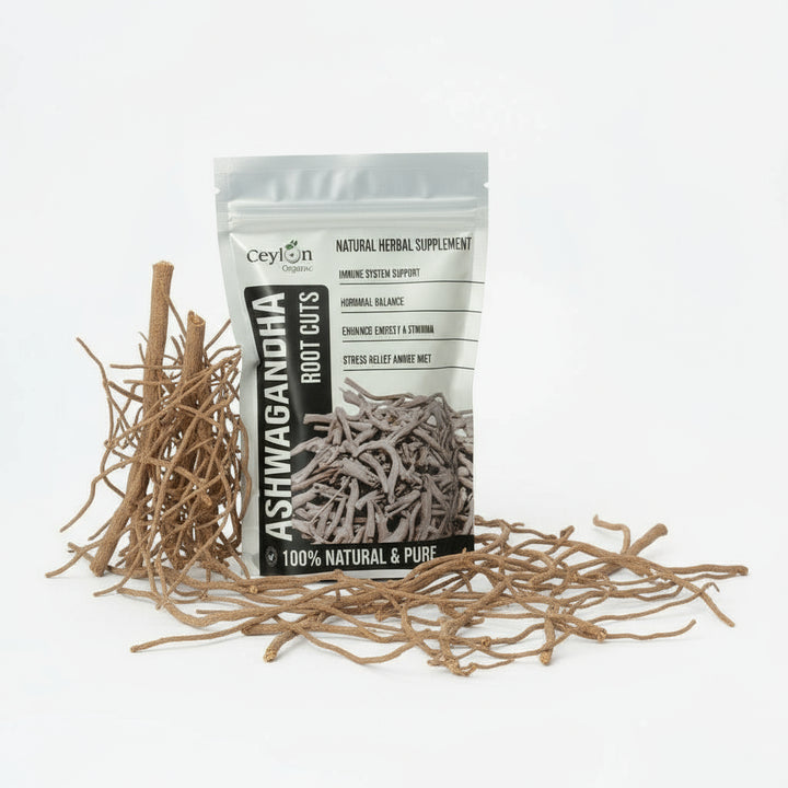 Ceylon Organics Ashwagandha Root Cuts packaging with root pieces on a white background