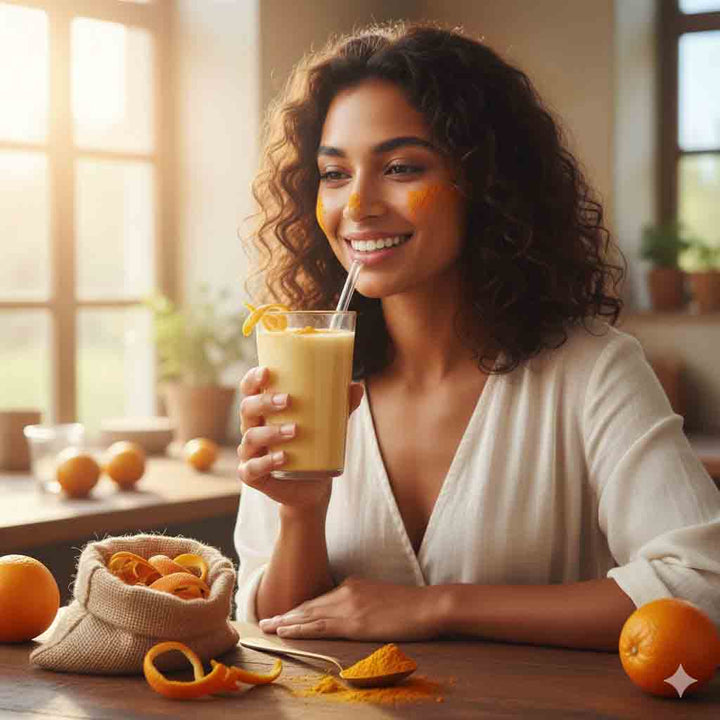 Woman holding a glass of orange juice with a straw, surrounded by oranges and a bag of chips on a wooden table.