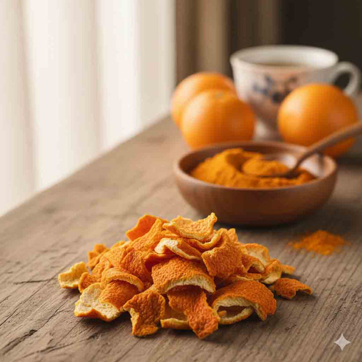 Dried orange peels on a wooden surface with a bowl of turmeric powder and oranges in the background.