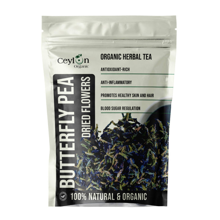 Close-up of organic dried butterfly pea flowers, ideal for butterfly pea tea and culinary recipes.