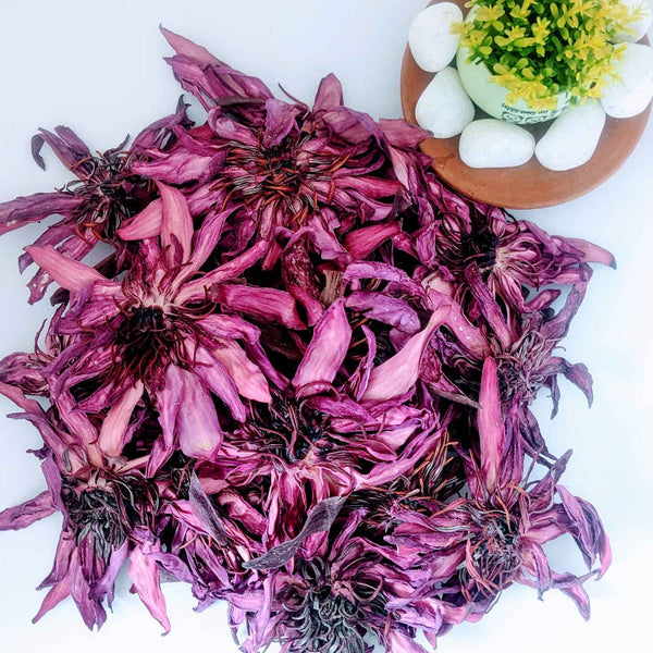 Dehydrated pink lotus flowers, offering vibrant color, fragrance, and potential health benefits.