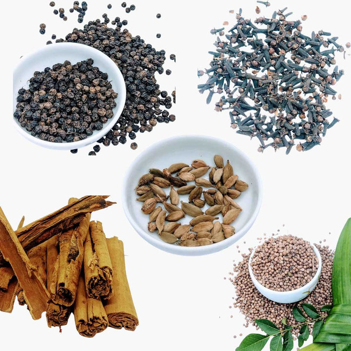 Five packages of Ceylon Organic Spice & Tea featuring cinnamon, cardamom, black pepper, coriander, and cloves,Whole spices,Garam masala spices,Whole spice bundle for biryani,Gift box for home chefs,Flavorful,Beautifully packaged spice bundle with aromatic cinnamon, cloves, cardamom, and black pepper, perfect for making your own spice blends.
