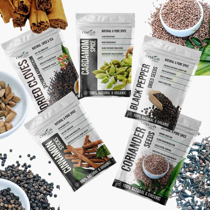 Five packages of Ceylon Organic Spice & Tea featuring cinnamon, cardamom, black pepper, coriander, and cloves,Whole spices,Garam masala spices,Whole spice bundle for biryani,Gift box for home chefs,Flavorful,Beautifully packaged spice bundle with aromatic cinnamon, cloves, cardamom, and black pepper, perfect for making your own spice blends.
