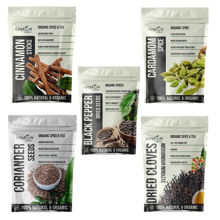 Five packages of Ceylon Organic Spice & Tea featuring cinnamon, cardamom, black pepper, coriander, and cloves,Whole spices,Garam masala spices,Whole spice bundle for biryani,Gift box for home chefs,Flavorful,Beautifully packaged spice bundle with aromatic cinnamon, cloves, cardamom, and black pepper, perfect for making your own spice blends.



